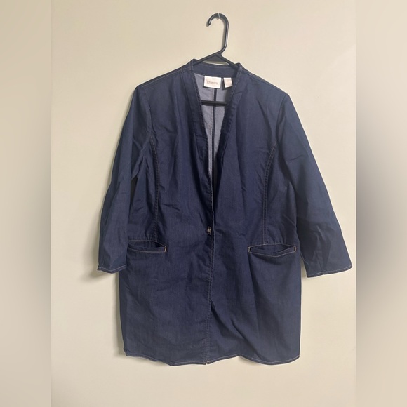 Chicos Blue Denim Lightweight Jacket Size 2 Large Toggle Clasp Long Western - Picture 1 of 8
